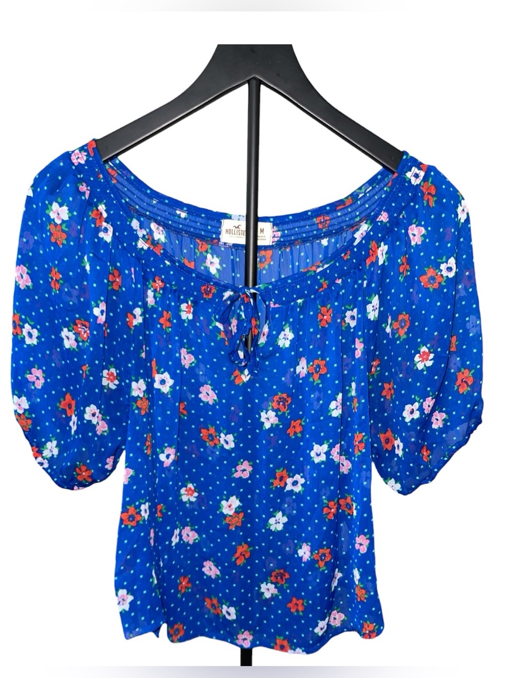 Hollister Royal Blue Floral & Polka Dot Sheer Peasant Blouse Medium